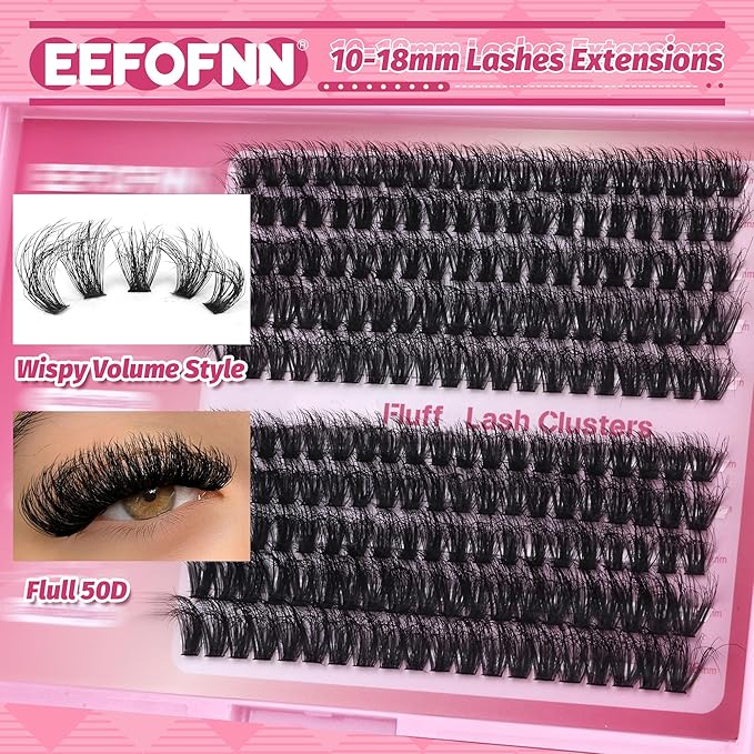Eefofnn DIY Lash Extension Kit Fuzzy Mink Cluster Lashes Kit Natural Volume Eyelashes Extensions with Lash Bond and Seal Tweezers 50D Eyelash Clusters 10-18MM Fluttery Individual Lashes Extension Kit