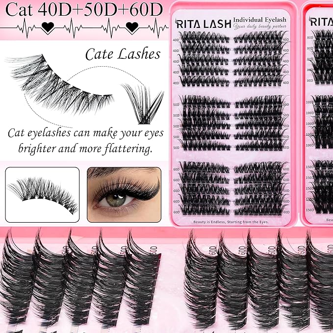 Lash Clusters Kit Bulk 3D Effect Eyelash Clusters Kit Cat Eye Lashes Cluster Eyelash Extensions Pack Colored Lashes Cluster PestaÃÂ±as Postizas Naturales+Bond&Seal,Remover,Tweezers,Cleanser(Lash Kit-7)