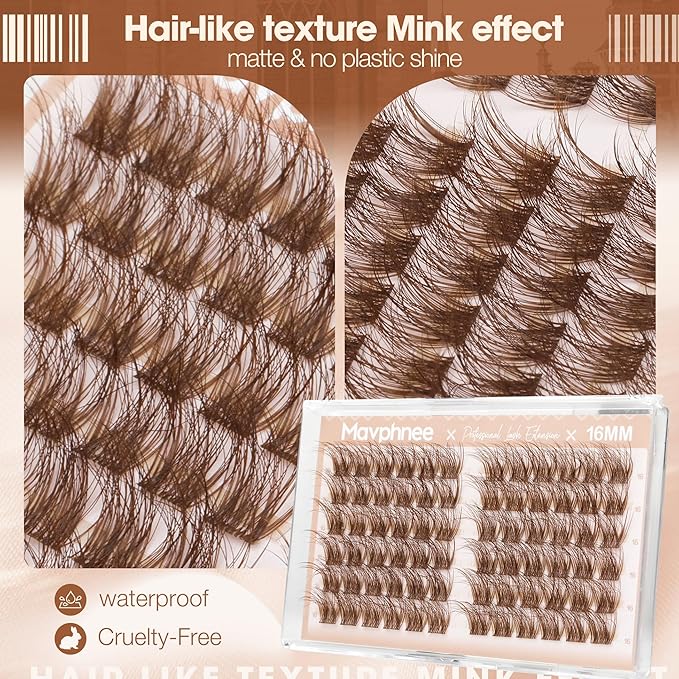 16MM Brown Eyelash Clusters Natural Yet Noticeable Lash Clusters Dark Brown Wispy Individual Lash Extensions, Easy to Apply & Reusable