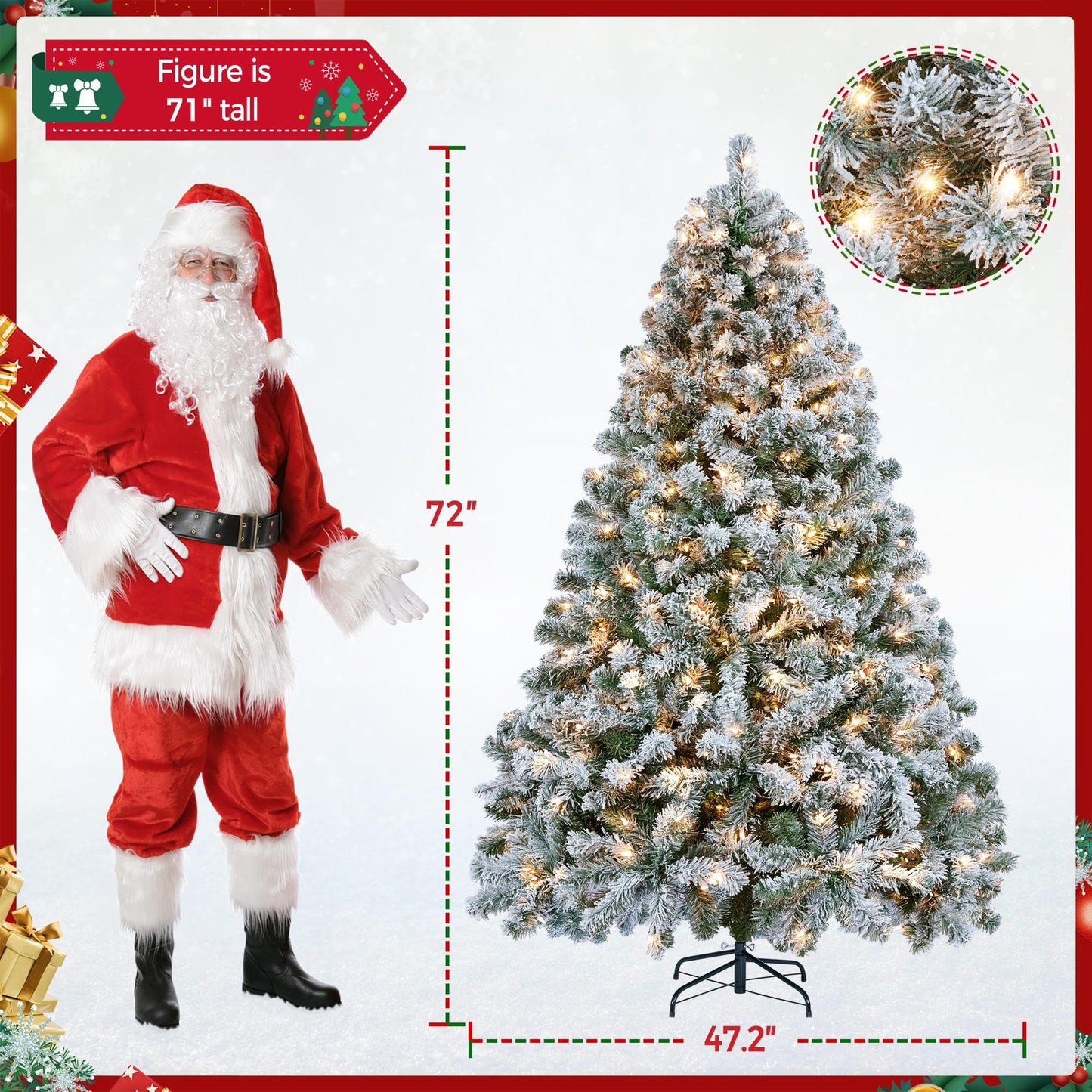 Yaheetech 6ft Pre-lit Artificial Christmas Tree with Incandescent Warm White Lights, Snow Flocked Full Prelighted Xmas Tree W/820 Branch Tips, 250 Incandescent Lights & Foldable Stand, Green & White