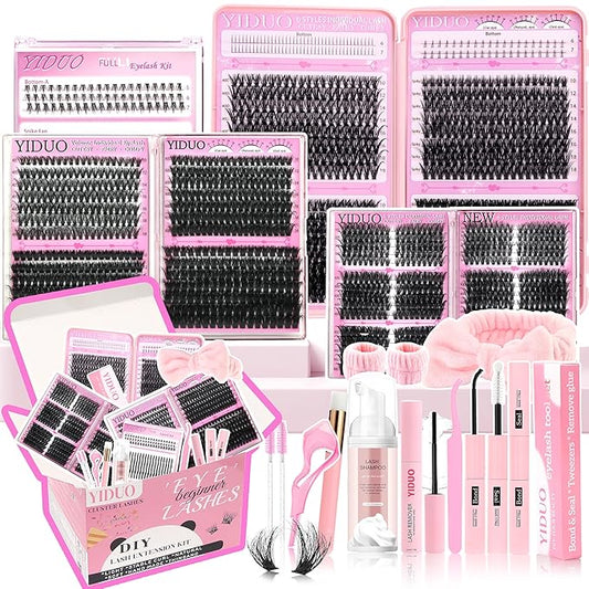 YIDUO 1846Pcs Lash Clusters Kit with Spikes+Bottom Cluster Lashes Kit Mix Styles 10-18mm Volume D Curly Wispy Soft DIY Individual Eyelash Extension Kit with Glue pestañas postizas Wholesale Large Pack