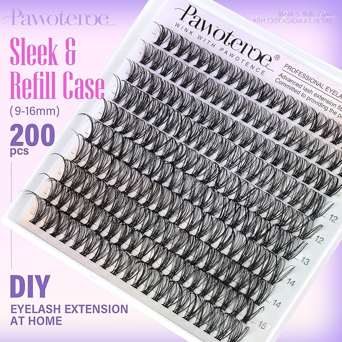 Pawotence Lash Clusters 200pcs Individual Lashes 30D Cluster Eyelash Extensions 11-16mm Eyelash Clusters Lash Extensions for Self Application (30D, 0.07D, 11-16mm Refill)