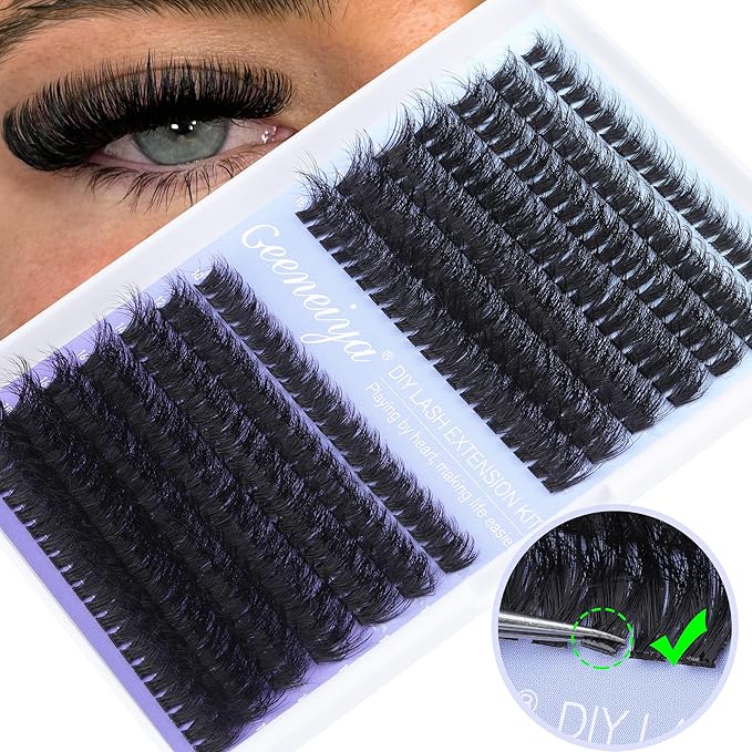 Geeneiya Full Lash Extension Kit Cluster Eyelash Extension Kit Clusters Individual Lashes Kit with Lash Bond and Seal Glue, Lash Remover, Lash Applicator, User Manual for Beginners(60P+80P, 280Pcs)