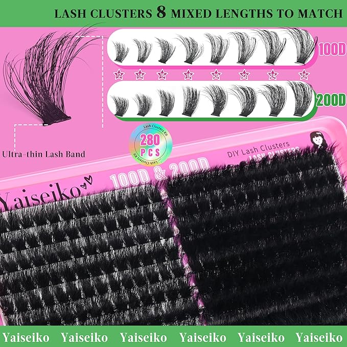 Yaiseiko Lash Clusters Kit 100D+200D Thick Volume Eyelash Clusters Kit 12-25mm Wispy Individual Lashes D Curl Long Cluster with Lash Bond and Seal Waterproof DIY Lash Extension Kit(KIT-280PCS)