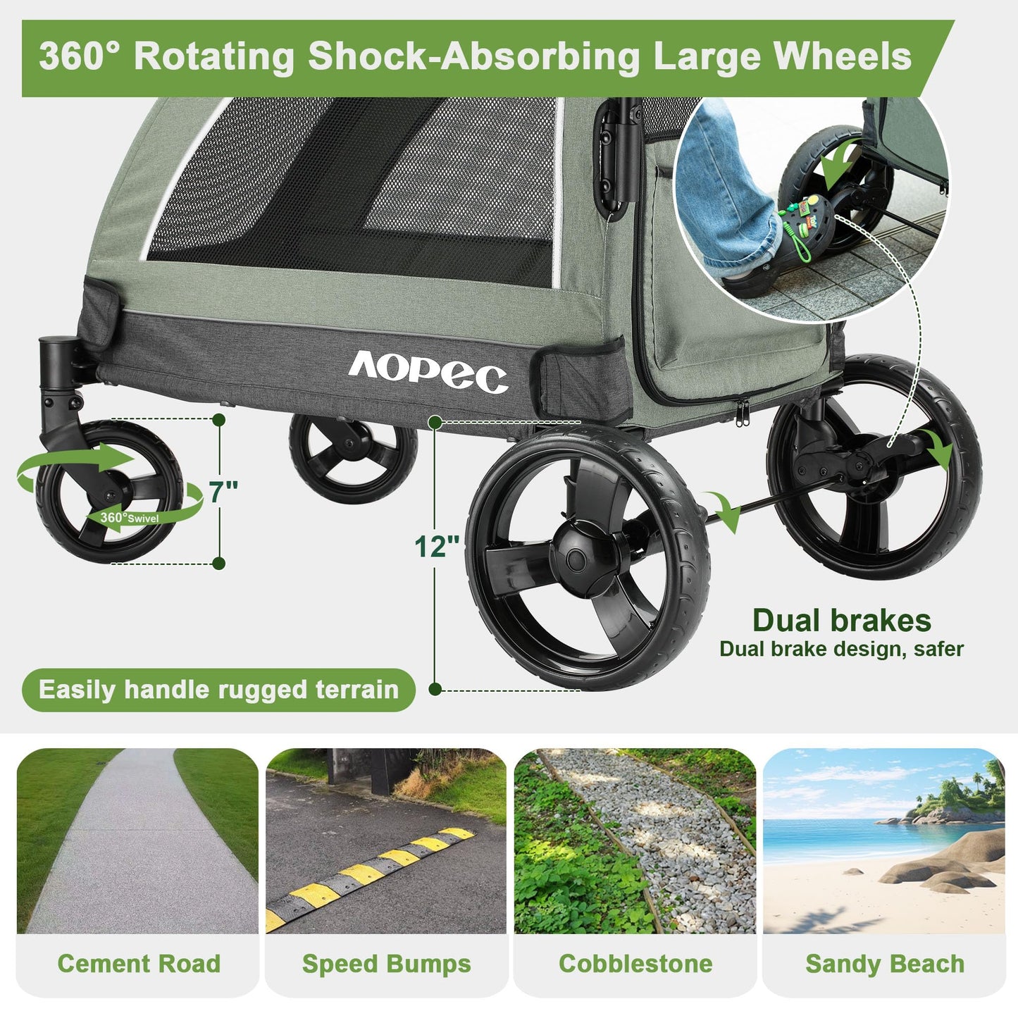 AOPEC Large Dog Stroller - Dual Entry Safety Folding Pet Stroller with Adjustable Handle, All-Terrain 4-Wheel, 160 lbs Weight Capacity for Travel & Outdoor Adventures - Green