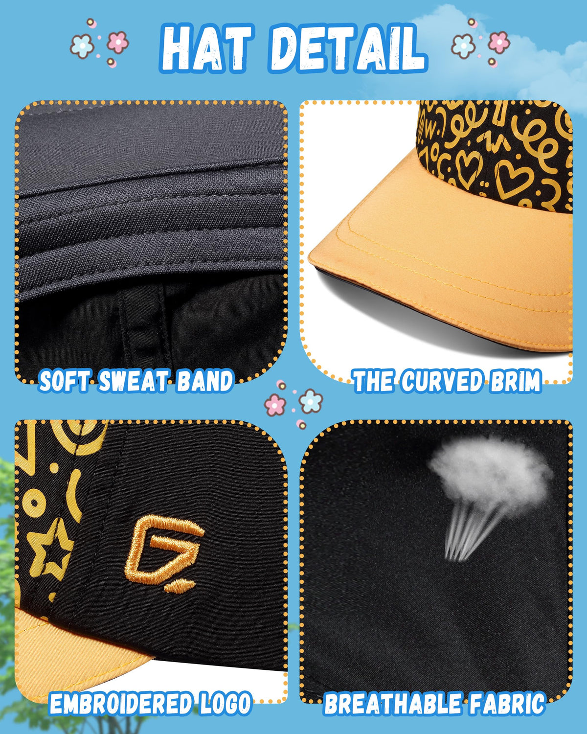 GADIEMKENSD Toddler Baseball Hat with Kaleidoscope Pattern, UV Protection Baby Sun Cap for Kids, Breathable Toddler Baseball Caps for Boys Girls Summer Beach School Yellow Black 4-9Y