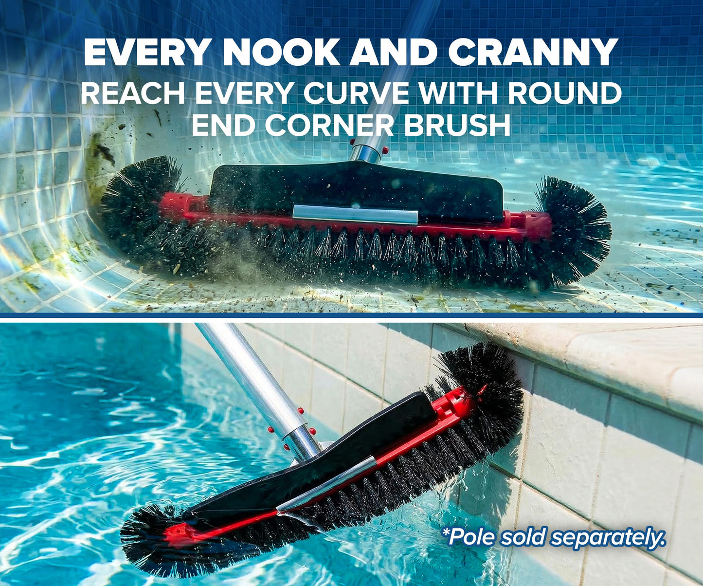 Pool Brush Head for Inground & Above Ground Pools // Heavy Duty Pool Scrubber Brush for Cleaning Algae // Swimming Pool Brush with Round Ends for Corners & Reinforced Aluminum (Pole Sold Separately)