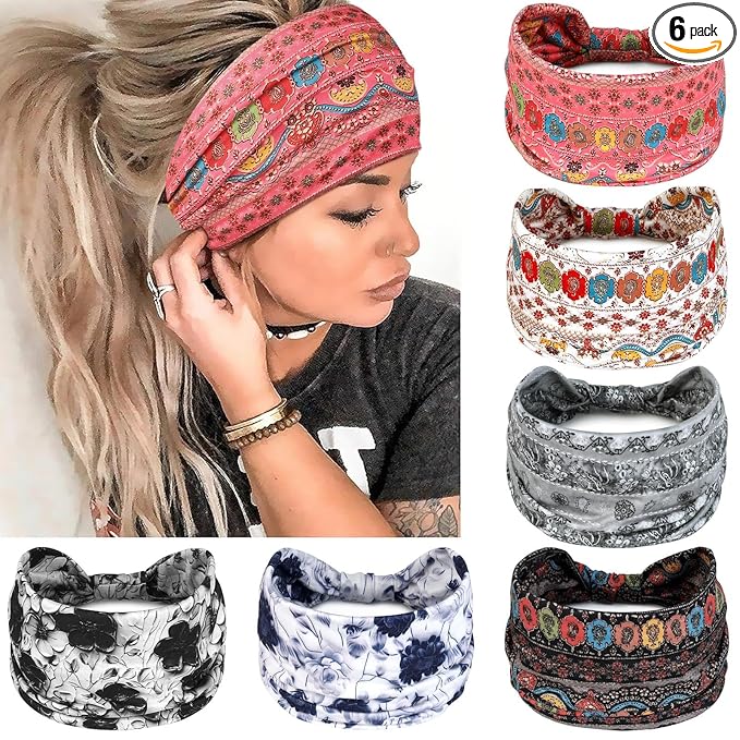 Awumbuk Wide Headbands for Women Knotted No Slip Head Bands Soft Turban Headband Hair Accessories Boho African Solid Color Head Wraps for Women Yoga Workout Pack of 6