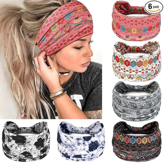Awumbuk Wide Headbands for Women Knotted No Slip Head Bands Soft Turban Headband Hair Accessories Boho African Solid Color Head Wraps for Women Yoga Workout Pack of 6