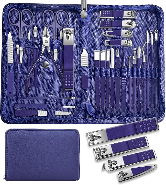 30Pcs Manicure Pedicure Kit，Nail Clippers Kit Professional and Stainless Steel Nail Care Tools，Toenail Clipper Cutters Men's Accessories Whit Beauty Tools Luxurious Travel Case (Blue)