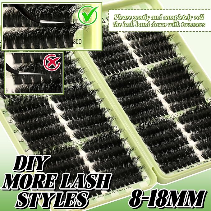 Lash Clusters Kit Natural Cat Eye D Curl Lash Clusters 520Pcs DIY Individual Lashes Clusters Lash Extension Kit Thin Band Wispy Eyelash Clusters Lash Bond and Seal Lash Tweezers