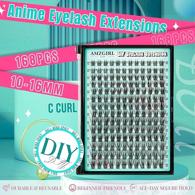 Manga Lash Clusters Fairy Eyelash Extension DIY 168pcs C Curl Anime Lashes Extensions Wispy Eyelashes Cluster with Thin Band Individual Lashes False Eyelashes At Home (Spiky, C-10-18mm)