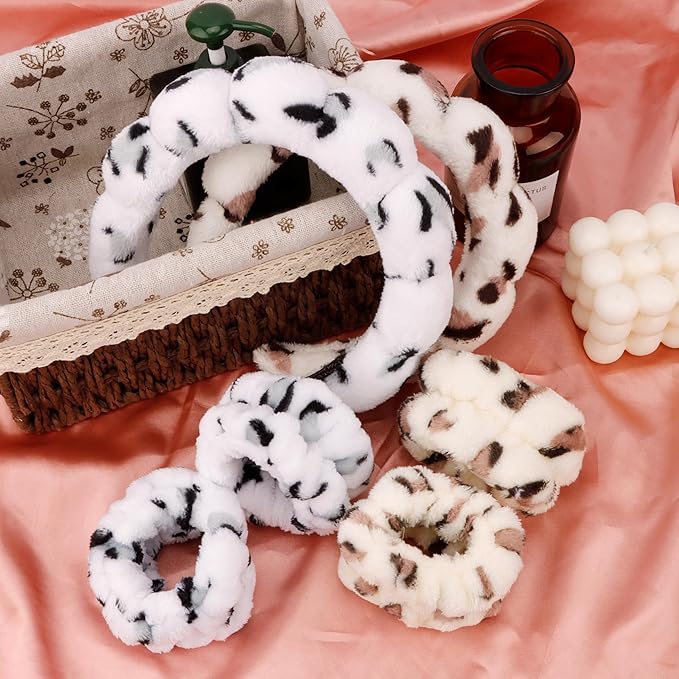 SPA Headbands for Washing Face Makeup Headbands with Bow Hair Band Women Facial Head Band Wrist Towel Wraps For Shower Face Mask Leopard, 6 Pack