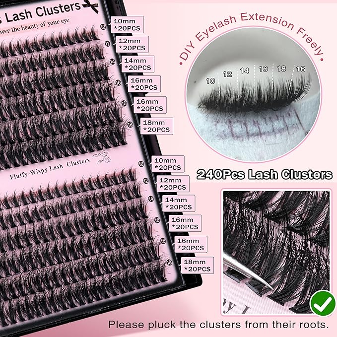 Goddvenus Lash Clusters Wispy Eyelash Clusters Fluffy Lashes Clusters Cute D Curl Cluster Eyelash Extensions with Soft Cotton Band Cluster Lashes 10-18mm Eyelashes Clusters for DIY Lash Extension