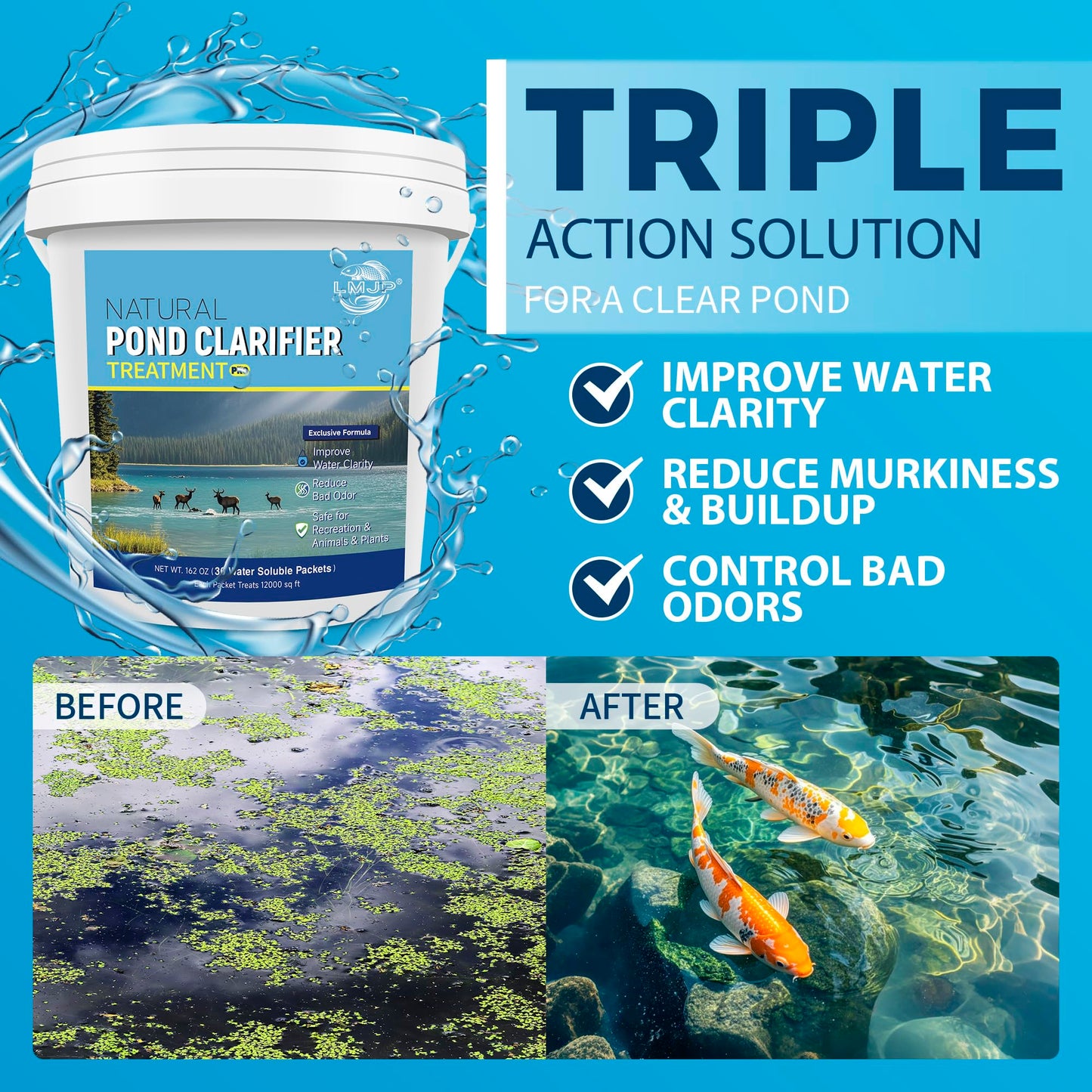 LMJP Pond Clarifier Treatment – 36 Packets Natural Pond Water Clear for Outdoor Lakes – Beneficial Enzymes to Improve Water Clarity & Eliminate Odor – Treats Up to 432,000 Sq Ft