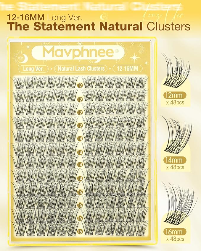 Lash Clusters 12-14-16MM Natural Cluster Eyelash Extensions with CC-Curly & Clear Band Wispy Pestañas Postizas Naturales 144Pcs DIY Lashes For Big Eyes, Natural Yet Noticeable Look