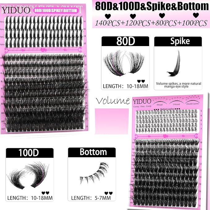 YIDUO 4 Styles Lash Clusters Kit 40D/60D/80D/100D+Spikes+Bottom Eyelash Clusters Extensions with 2X Bond and Seal, 1000Pcs 3D Volume Lashes Clusters 8-18mm Wispy D Curly Clusters Lash Extensions Kit