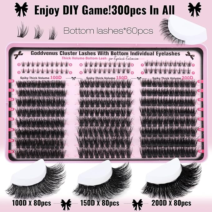 Goddvenus Lash Clusters Volume Cluster Eyelash Extensions D Curl Waterproof Individual Lashes 240pcs Fluffy Faux Mink Cluster Lashes and 60pcs Bottom Lashes for DIY Eyelash Extension