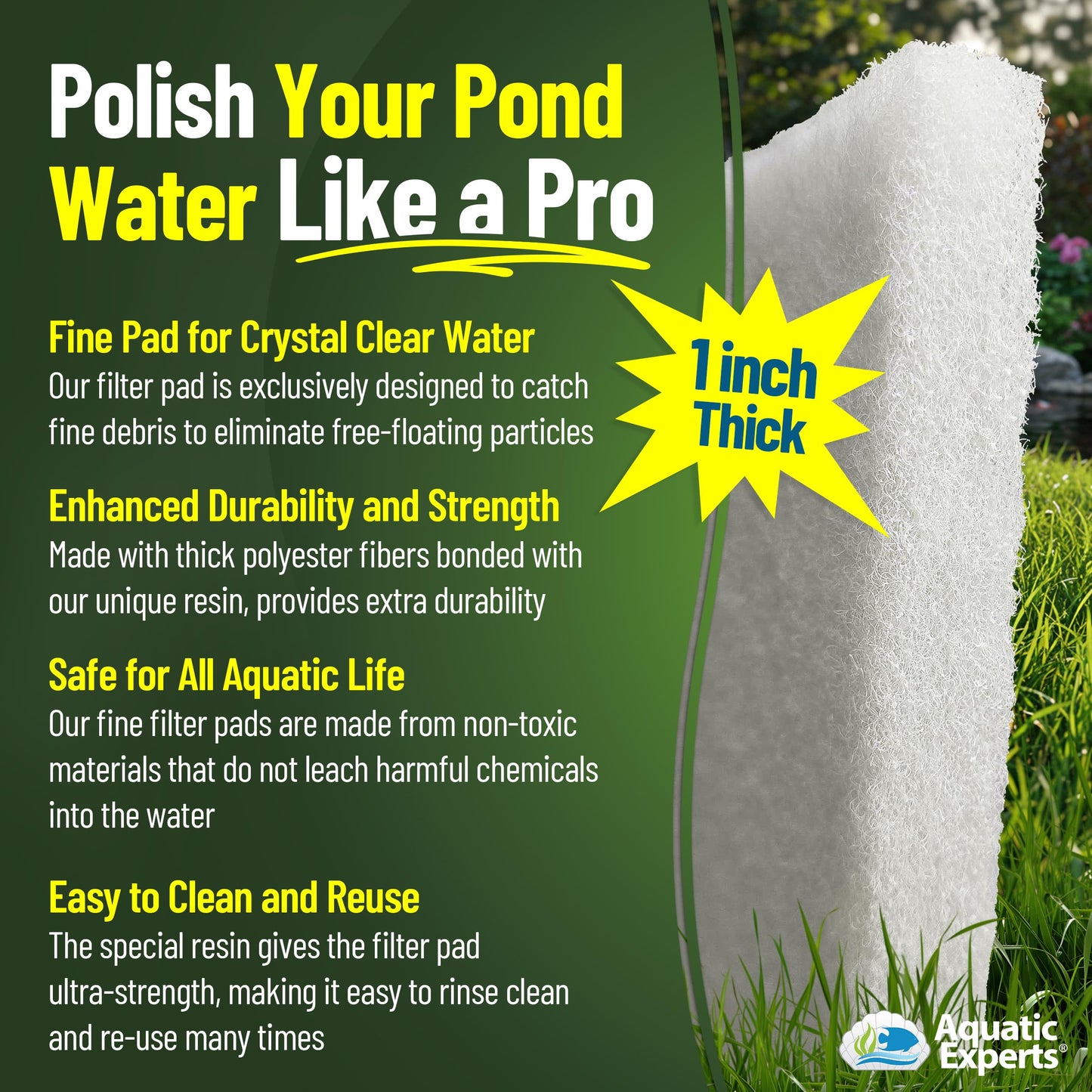 Classic Koi Pond Filter Pad FINE - White Bulk Roll Pond Filter Media, Ultra-Durable Pond Filters for Outdoor Ponds, Reusable Fish Pond Filter Material, USA (3/4" - 1" x 12" x 12 feet)