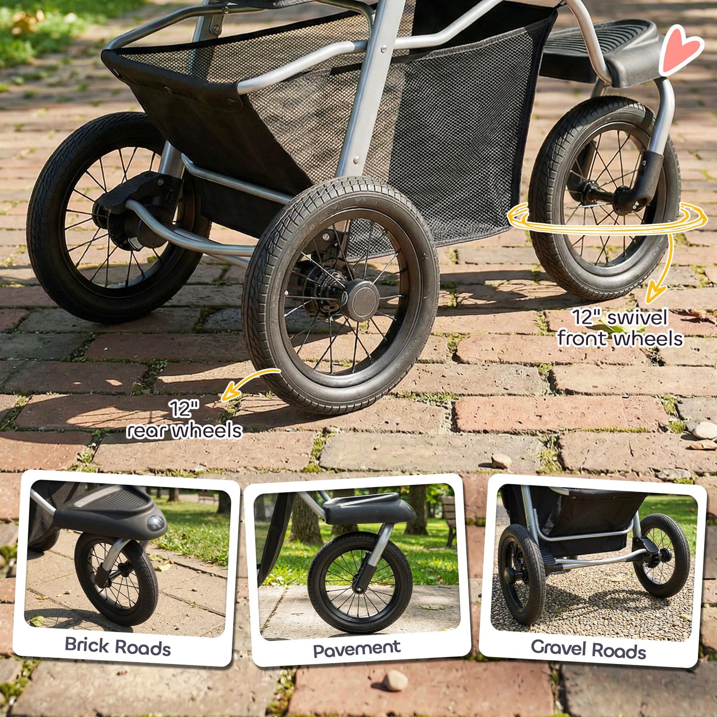 PawHut Dog Stroller for Small Dogs, 3 Wheel Foldable Pet Stroller with 12" Rubber Wheels, Mesh Window, One-Foot Brake, Storage Basket and Cup Holder, Up to 22 LBS, Light Gray