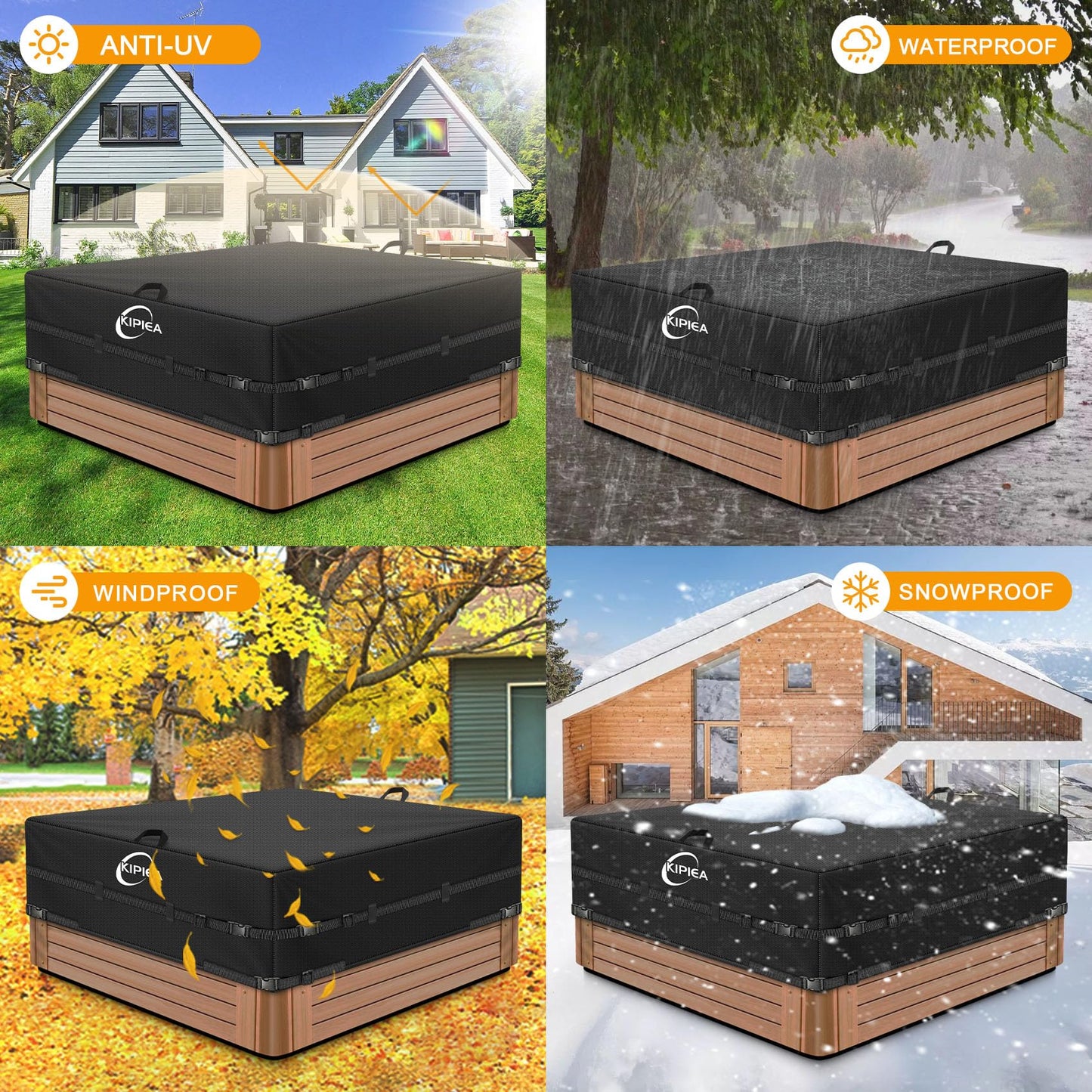Kipiea 600D Outdoor Waterproof Square Hot Tub Cover Protector, Heavy Duty Polyester SPA Cover UV Protection Cover 85" L x 85" W x 20" H, Black