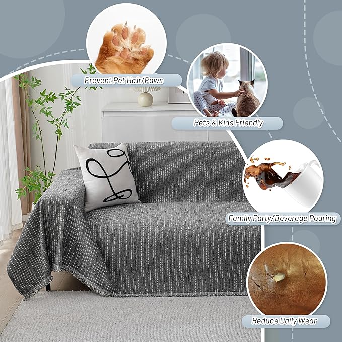 MYSKY HOME Couch Covers for Sofa, Dog Couch Cover Protector, Dark Grey Lines Sofa Covers for Sectional L Shape, Pets Couch Throw Cover Washable Durable Large Couch Cover for Dogs, Cats, 71"X134"
