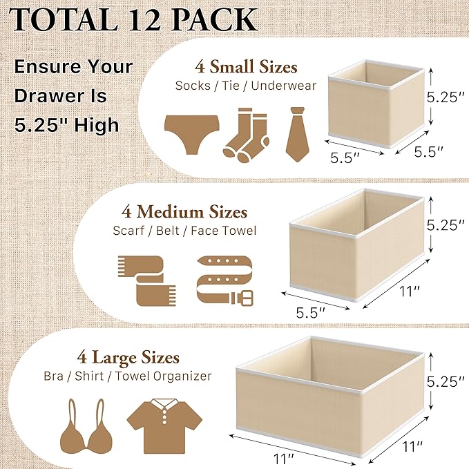Simple Houseware Foldable Drawer Organizer Set of 12, Beige Ã¢ÂÂ Fabric Storage Bins for Clothes, Underwear, Bra, Panty, Socks, Onesies Ã¢ÂÂ Closet & Dresser Drawer Dividers for Home Organization