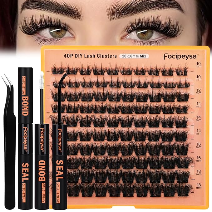 Focipeysa Thick Lash Extension Kit Full Volume Lash Clusters 40P Eyelash Extension Kit DIY Lash Extension Kit with Black Bond and Seal Glue, Lash Applicator DIY at Home for Beginner (40P 10-18MM)