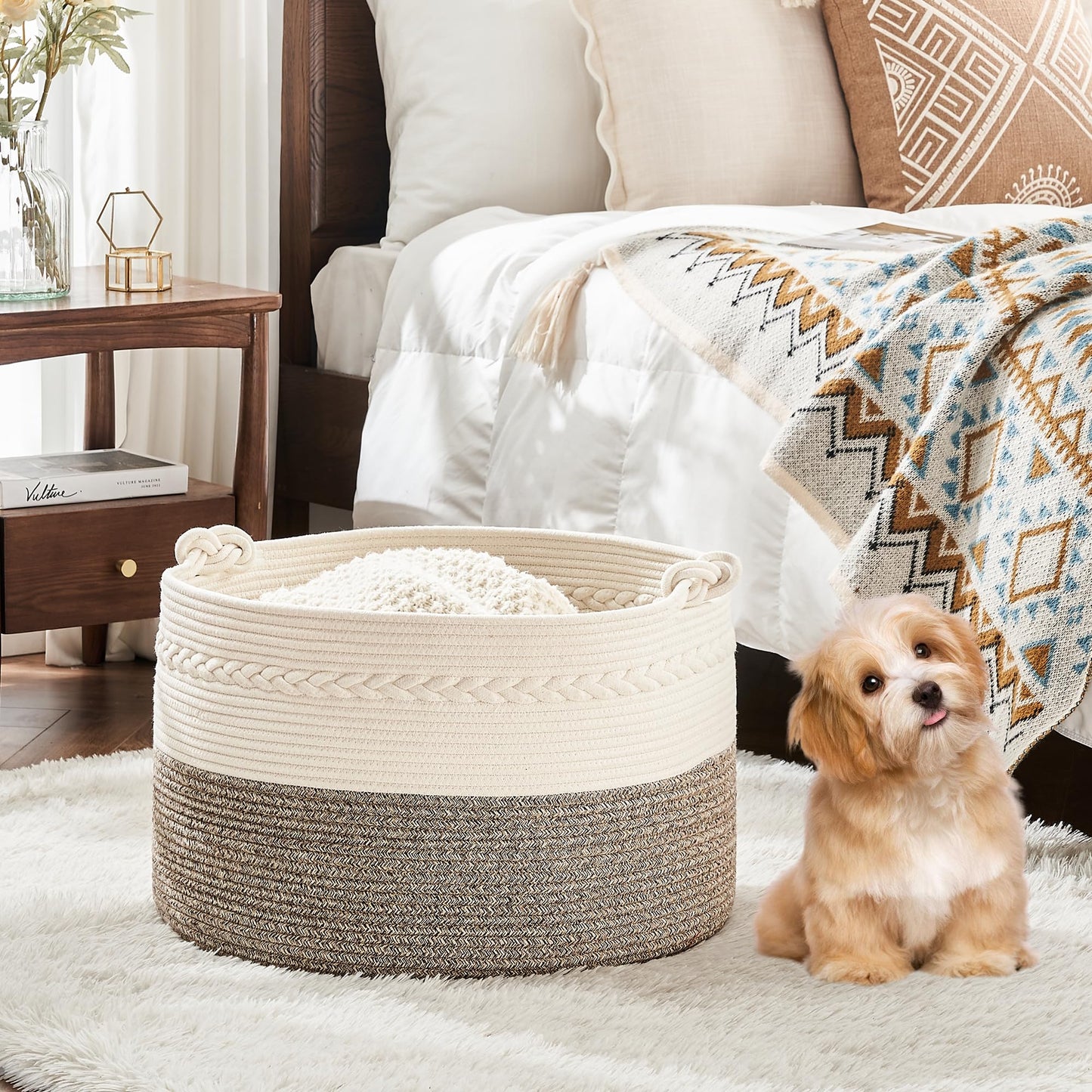 KAKAMAY Large Blanket Basket (20"x13"),Woven Baskets for storage Baby Laundry Hamper, Cotton Rope Blanket Basket for Living Room, Laundry, Nursery, Pillows, Baby Toy chest (White/Beige)
