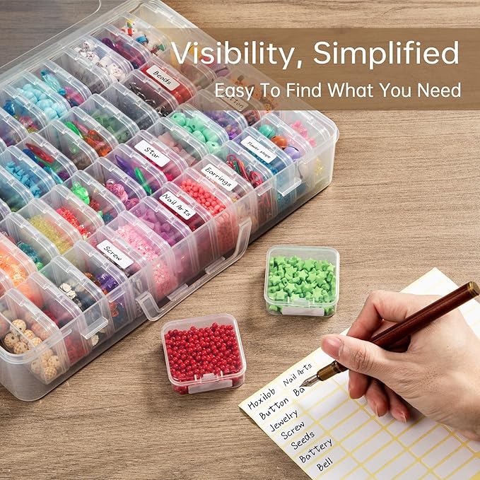 Bead Organizer Box, 120 Pack Small Clear Storage Boxes with Labels, Large Travel Craft Case with Handle, Mini Plastic Containers for Jewelry Making Diamonds DIY Pony Bracelet Screws Seeds Small Parts