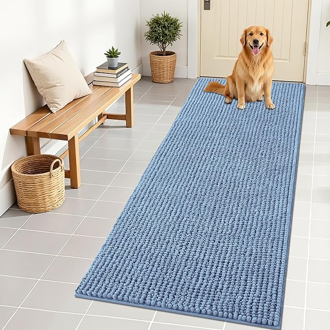OLANLY Dog Door Mat for Muddy Paws 70x24, Ultra Absorbent Chenille Mud Doormat, Non-Slip Washable and Dirt Trapping Doormat for Indoor Entryway, Quick-Dry Indoor Pet Bed Mats for Dogs, Airy Blue