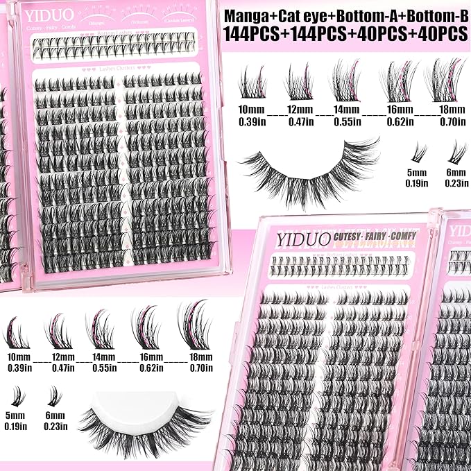 YIDUO 8 Styles Mix Lashes Clusters Kit 4 Box Cluster Lash Book Kit with Bond&Seal 1888Pcs 100D/200D/300D Volume Manga Eyelash Extension with Spikys/Bottom lash Kit for Beginners DIY at Home Easily