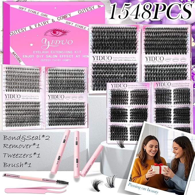 YIDUO 6 Styles Mix Lash Clusters Kit 1548Pcs with 2X Bond&Seal Volume Soft Cluster Lashes Extension Kit Gift Packs 8-18mm Wispy DIY Individual False Eyelashes Box Bulk for Beginners De Pestañas