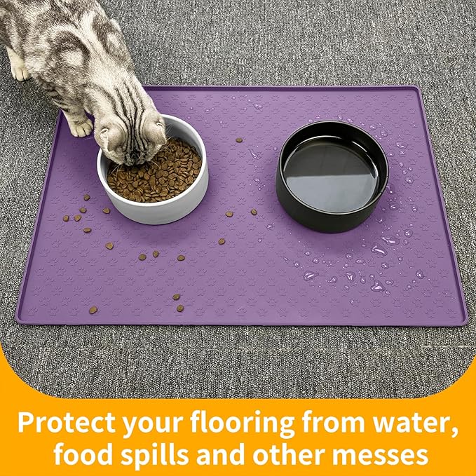 Ptlom Dog Food Mat Waterproof Pet Bowl Mats with High Lips, Non-Slip Dog Placemat Prevent Messy Spills to Floor, Silicone Puppy Feeding Tray for Small, Medium Large Dogs Cats, Purple, 31.5" 23.6"