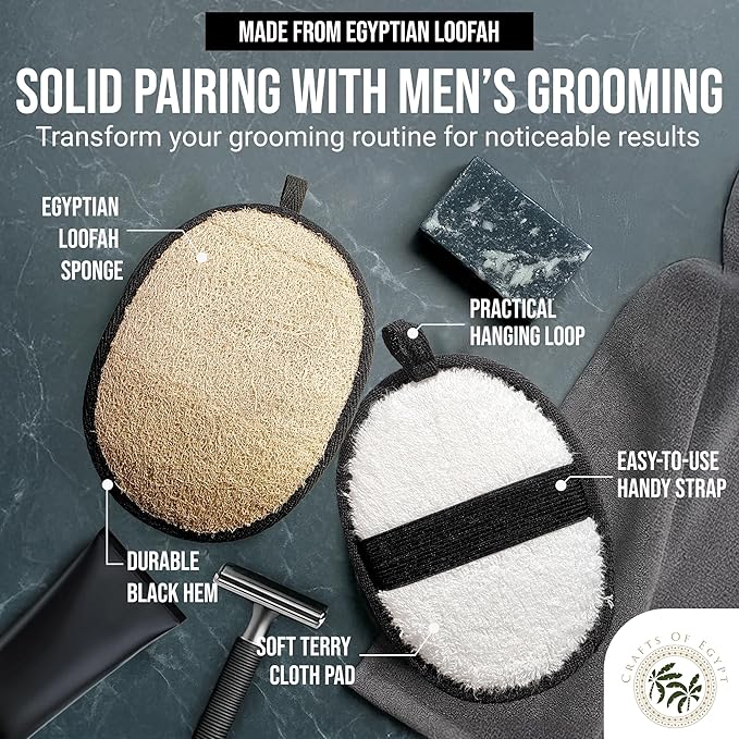 Natural Loofah Shower Body Scrubber for Men, Egyptian Luffa Sponge Exfoliating Loofah, Body Sponges for Shower, Mens Hygiene Essentials, Bath Loofahs Body Scrubber Shower Tool - 2PCS Black & White Set