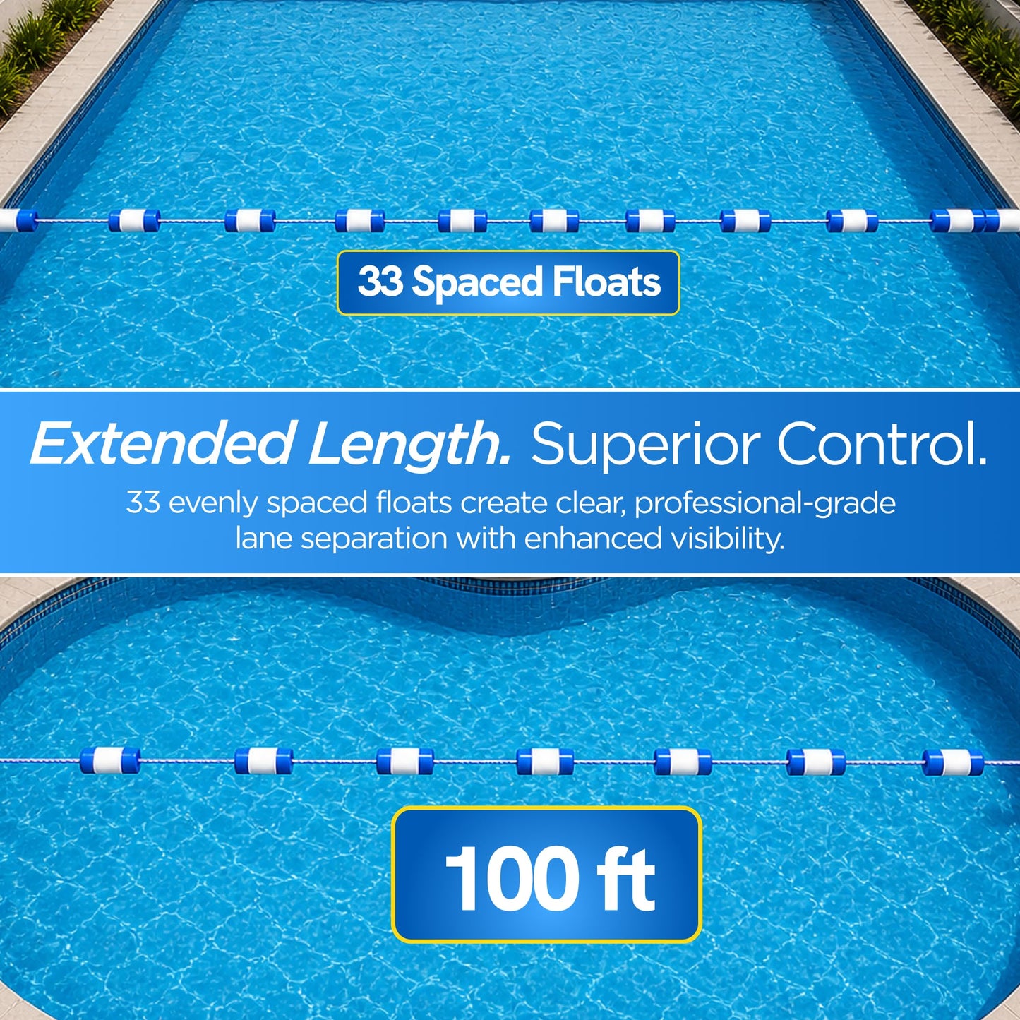 FibroPool 50 ft Pool Safety Rope with 16 Floats – Adjustable Buoy Lane Divider, UV Braided, Chrome Hooks – Shallow & Deep End Line for Inground & Above Ground Swimming Pools