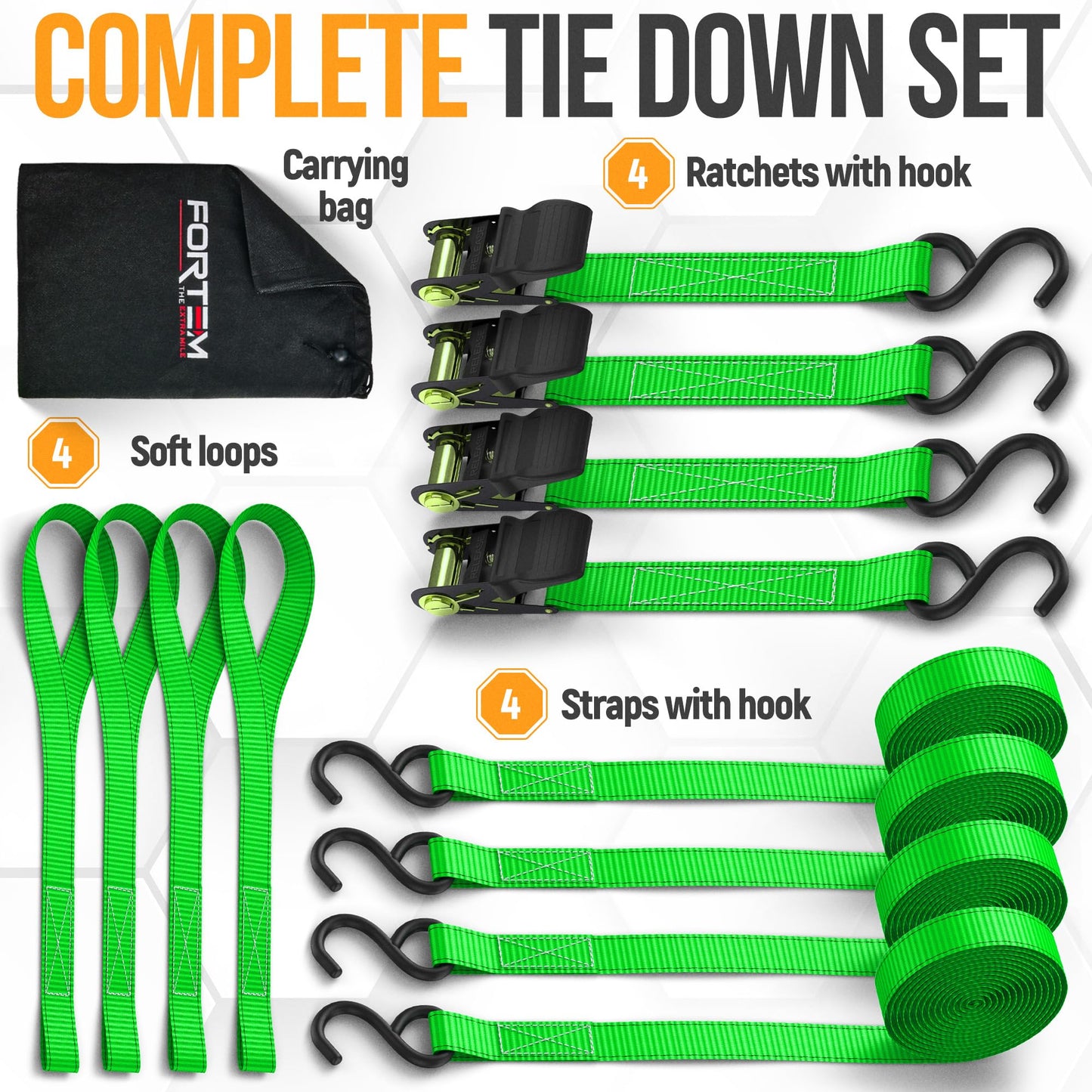 FORTEM Ratchet Straps, Tie Down Strap Set 1650lb Break Strength, 4 Pack 15ft x 1in, 4 Soft Loops, Moving Straps Tie Downs, Cargo Cam Buckles for Trucks, Carry Bag, for Men