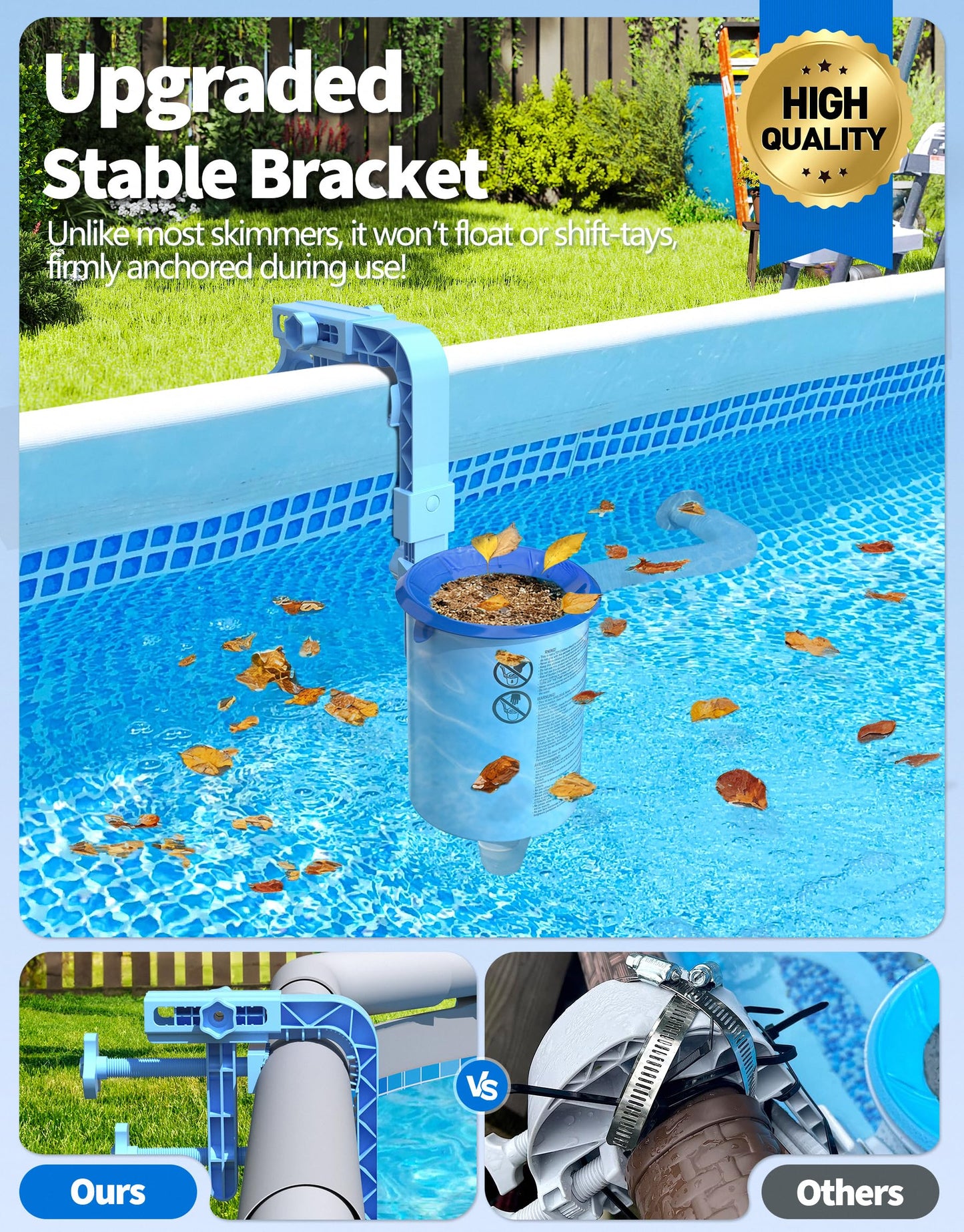 BluSwim 2026 Above Ground Pool Surface Skimmer Come with 3 Filter Socks, Enhanced Structure & Thickened Brackets Wall Mount Pool Skimmer, Floating Top Skimmers - Auto Skimming Water Surface Debris