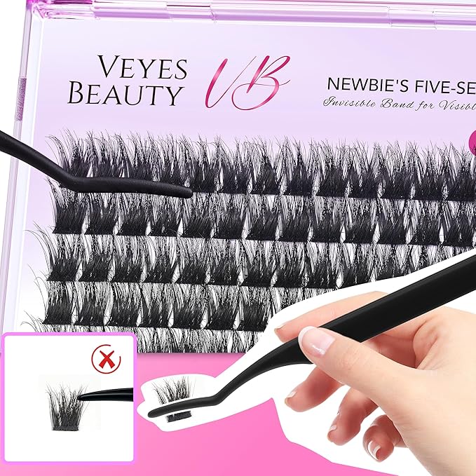 VEYESBEAUTY Lash Clusters Fluffy Individual Lash Extensions Xtreme 3D Layered Volume Eyelashes Thin & Invisible Band Wispy Faux Mink Lash Newbie's Five-Second Length 12mm