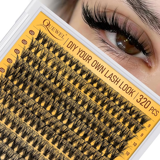 QUEWEL Lash Clusters 320Pcs Cluster Lashes 40D D Curl Lash Cluster Eyelash Extensions Mix9-16mm Individual Eyelashes Clusters Wispy Lash Clusters Thin Band Soft to Use at Home(40D D Mix9-16)
