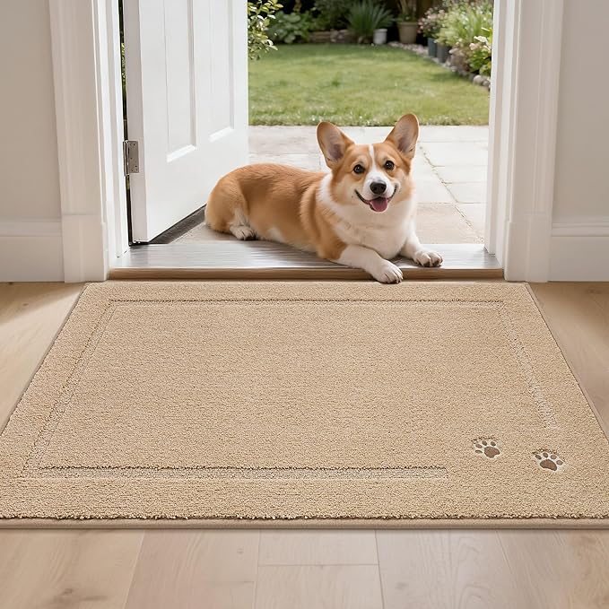 BEQHAUSE Dog Door Mat for Mud Paws Dirt Trapper Doormat Non-Slip Entryway Rugs Absorbent Welcome Mat Washable Indoor Floor Mat Low-Profile for Front Door, 24" x 36", Beige