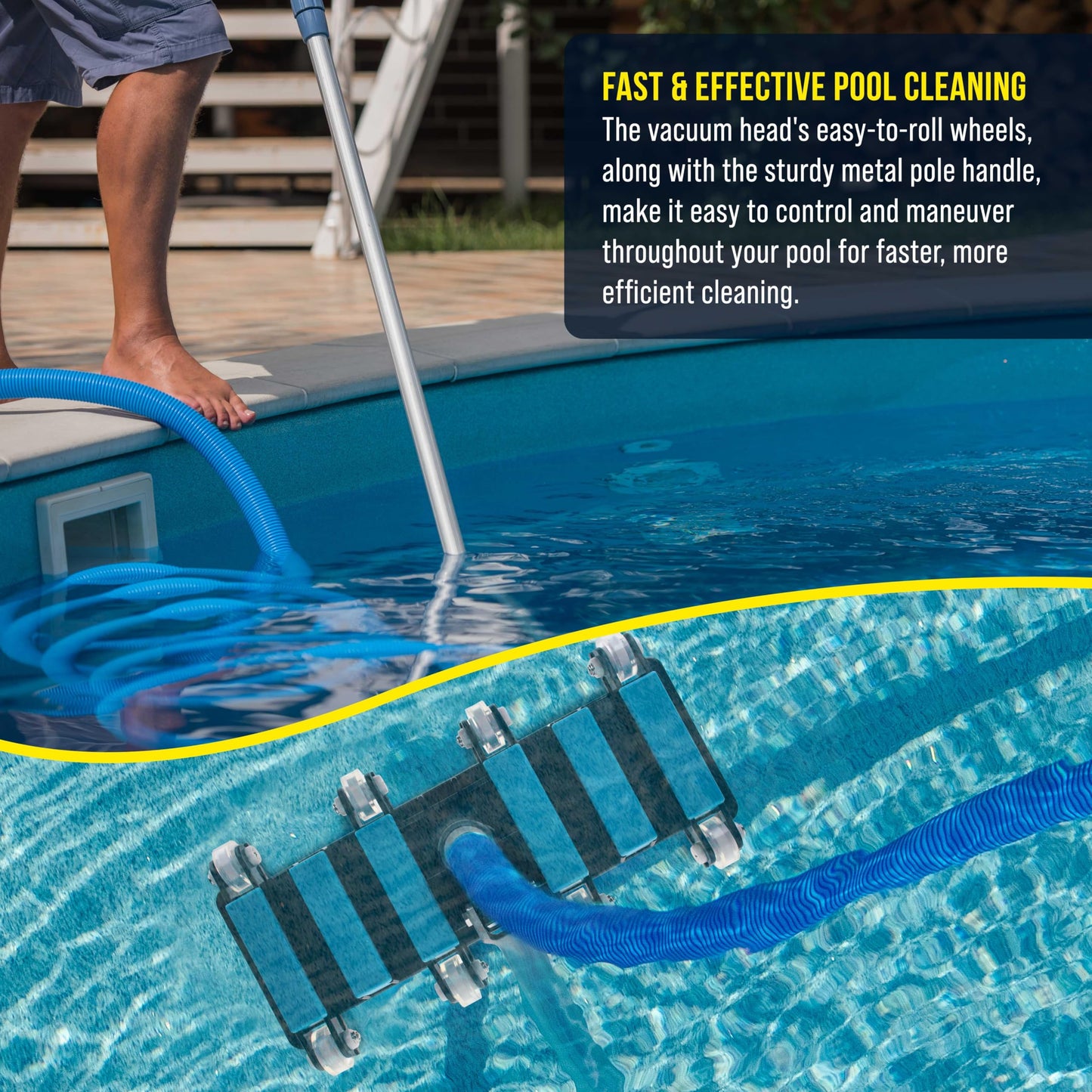 U.S. Pool Supply Manual Pool Vacuum Head for Inground Pools, Flexible, Extra-Wide, Weighted - 6 Weights, Blue, Connect 1.5" Hose, Metal Pole Handle - Swimming Cleaning Accessory Attachment, Vac
