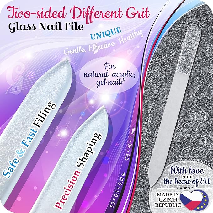 GLADZY Czech Glass Nail File with Case – Double Sided Crystal Nail File for Natural Nails, Dual Grit Coarse & Smooth Sides, Etched Bohemian Glass Manicure Tool, Professional Care, Ethically Made in EU