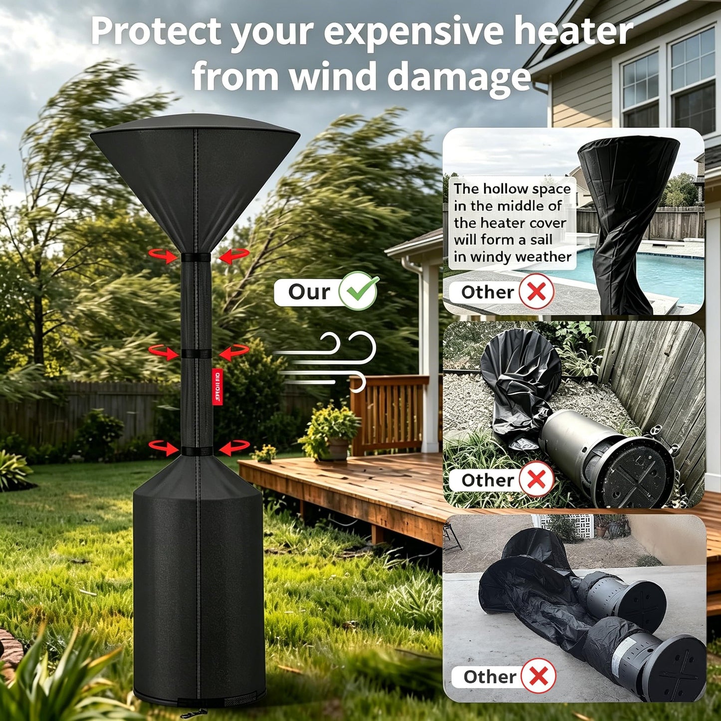 QH.HOME Patio Heater Covers, [2026 Upgraded Tear-Resistant Fabric] Waterproof with Robust Zipper,Dustproof/Wind/Sunlight/Snow-Resistant, (89"H x 33"D x 19"B ,Black)