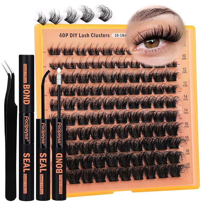 Focipeysa Thick Lash Extension Kit Full Volume Lash Clusters 40P Eyelash Extension Kit DIY Lash Extension Kit with Black Bond and Seal Glue, Lash Applicator DIY at Home for Beginner (40P 10-18MM)