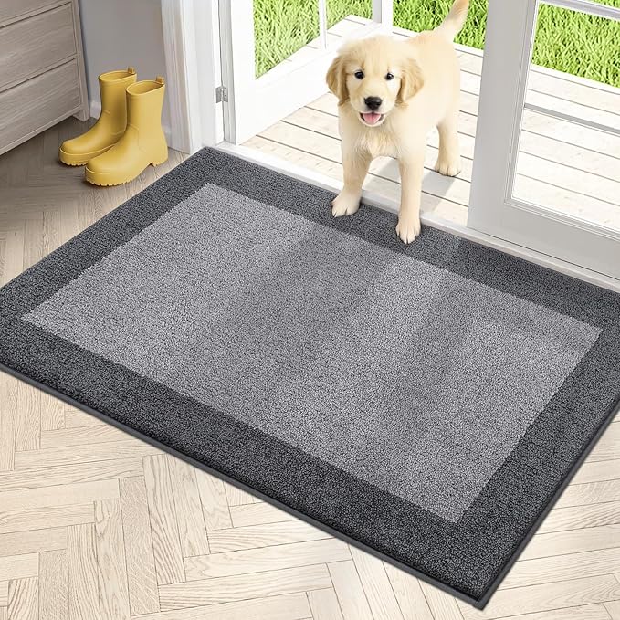 PURRUGS Dirt Trapping Door Mat 32" x 48", Non-Slip Washable Entry Mat, Dog Doormat, Front Door Mat, Super Absorbent Entrance Mat for Muddy Shoes & Paws, Light Grey & Grey