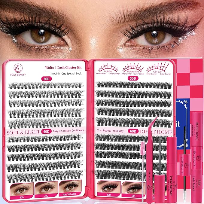 Waltz Lash Clusters Kit Lash Clusters Lashes D Curl Eyelash Clusters Natural Lash Extension Kit Fluffy False Eyelashes DIY at Home with Bond and Seal