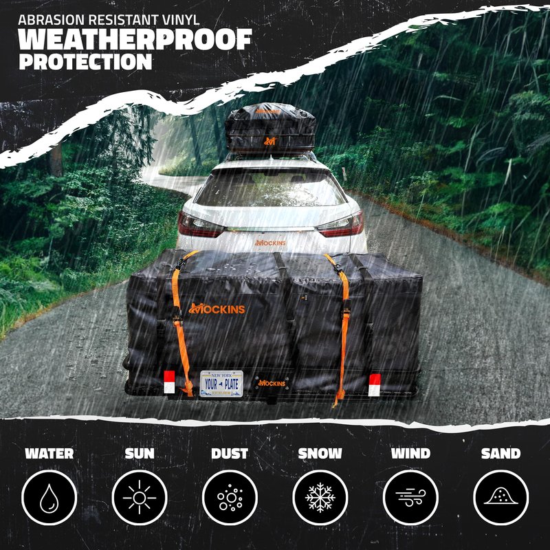Mockins Folding Luggage Rack for SUV Car Truck ATV & More | 500 Lb. Capacity 6" Raised Shank Steel Trailer Hitch Cargo Carrier 48"x20"x6" w/ 15 Cu Ft Waterproof Cargo Bag & Accessories