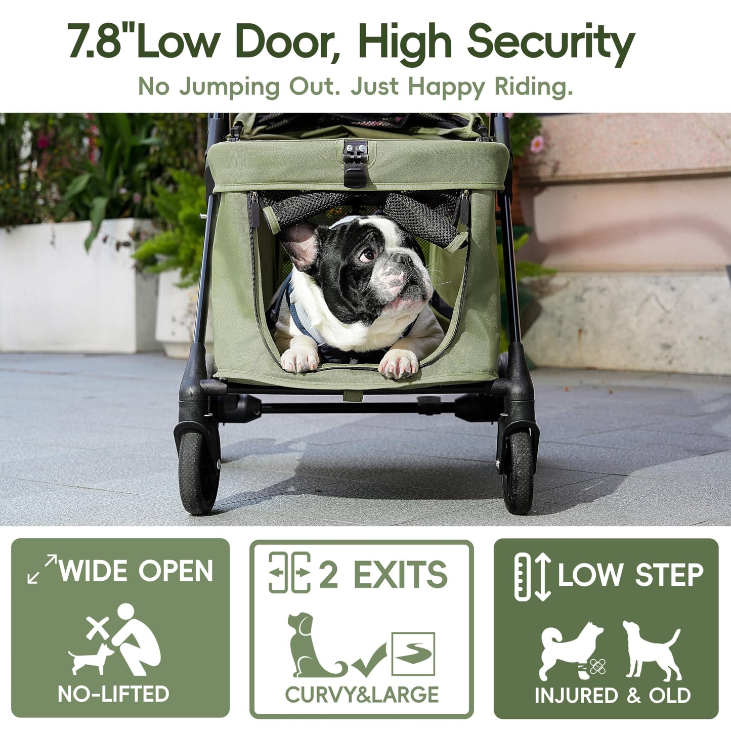 JOYCOW Dog Stroller for 2 Small Dogs or 1 Medium Pet, Low-Entry Design with Anti-Jump-Out, 600D Oxford Fabric, Up to 70 lbs, Green