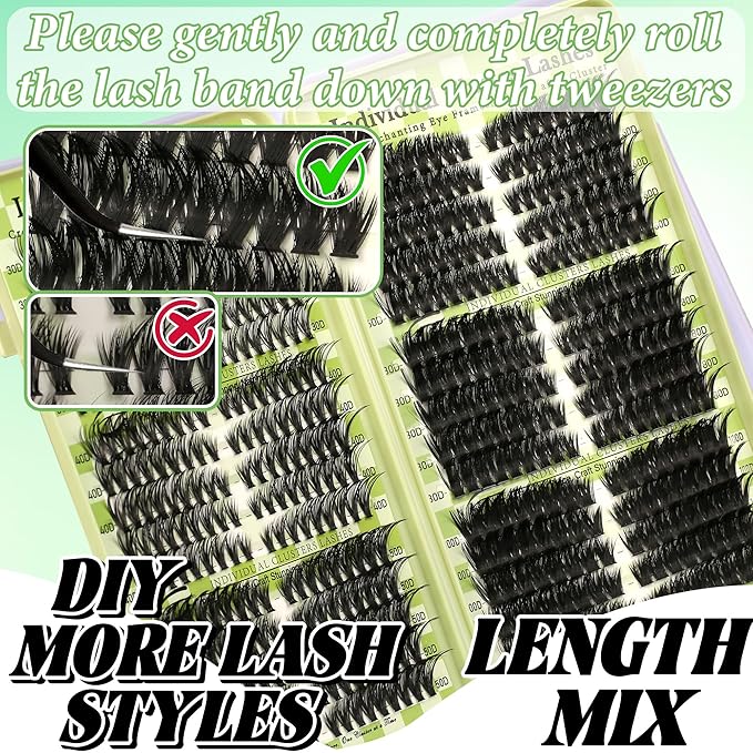 Lash Clusters Cat Eye Lash Clusters Kit Volume DIY Individual Lashes Clusters Lash Extension Kit 530Pcs Thin Band Wispy Lash Cluster Lash Bond and Seal Lash Tweezers